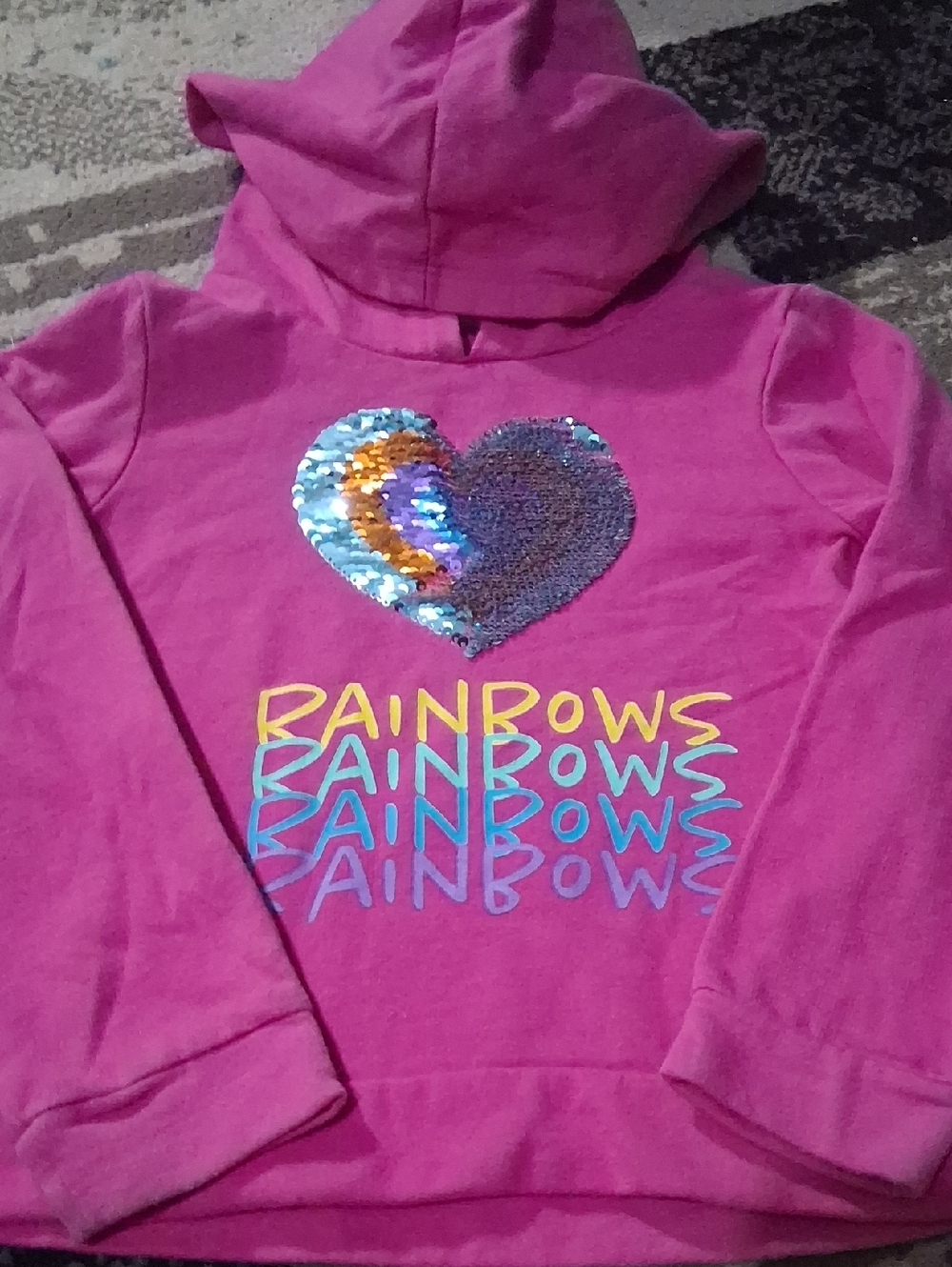Kidgets Pink Reversible Sequin Heart Hoodie with Rainbow Text